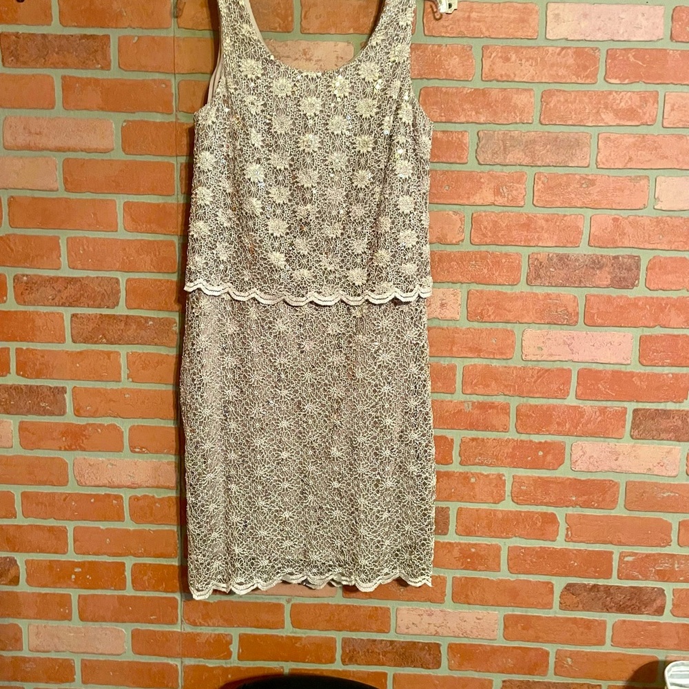 Soft lace, gold cocktail dress with sequins and 3/4 length overlay jacket. 14